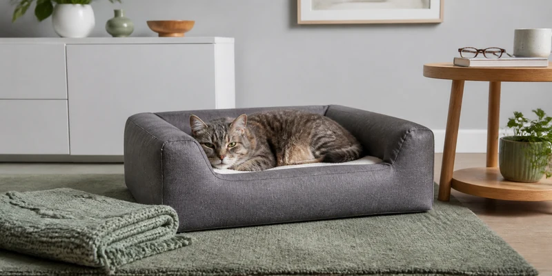 Orthopedic cat bed in a calm gray and green living room