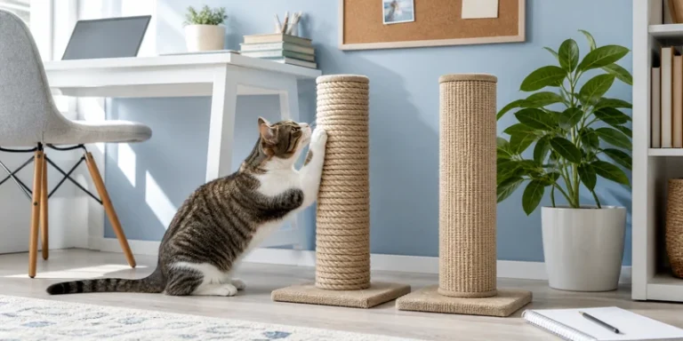 Sisal rope and sisal fabric scratching posts in a home office
