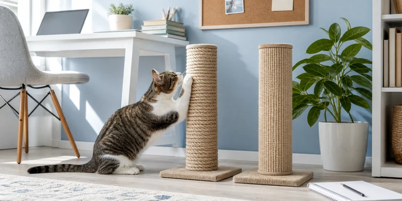 Sisal rope and sisal fabric scratching posts in a home office