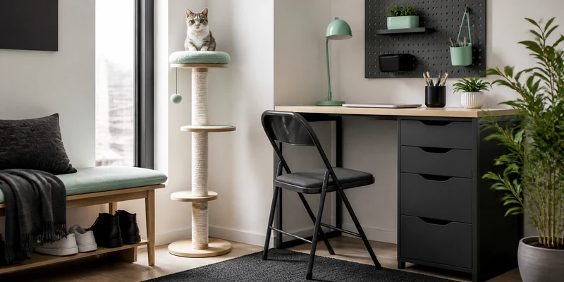 Compact small cat tree beside a desk in a city apartment