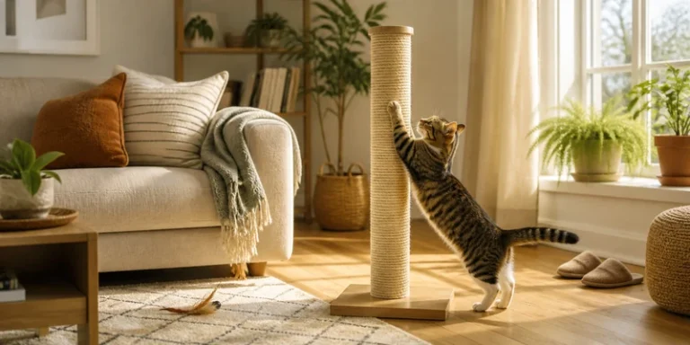 Tall sisal cat scratching post in a cozy living room