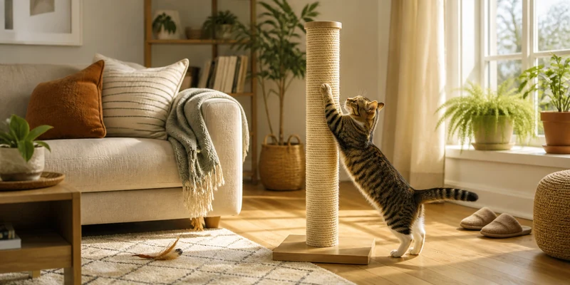 Tall sisal cat scratching post in a cozy living room