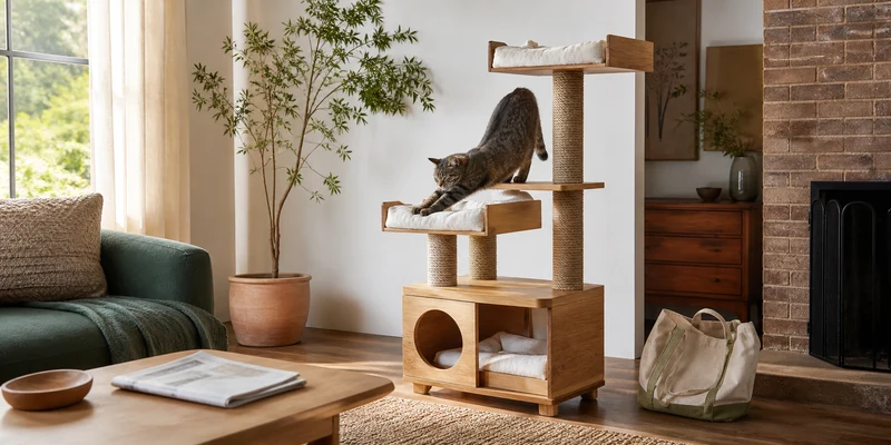 Solid wood cat tree with a stretching cat in a craftsman living room