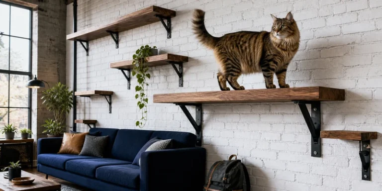 Sturdy cat wall shelves with black brackets in a loft