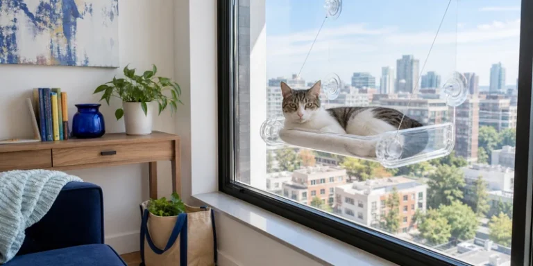 Transparent suction cup cat window perch in a bright city apartment