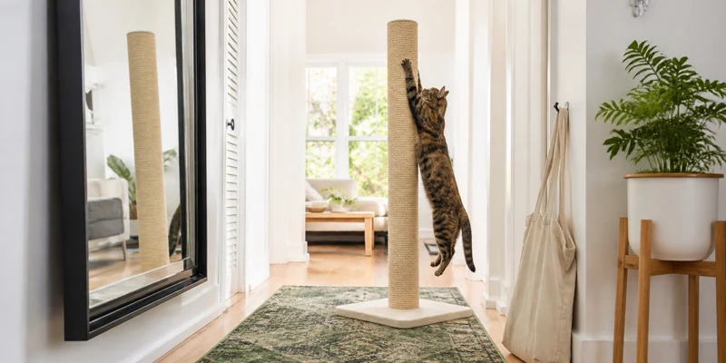 Tall sisal scratching post with a cat fully stretched in a bright hallway