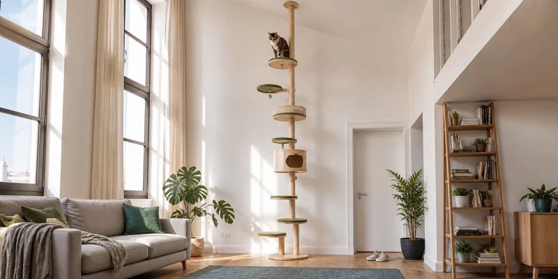 Tall floor to ceiling cat tree in a bright loft living room