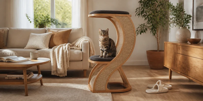 The Refined Feline cat tower in a warm living room