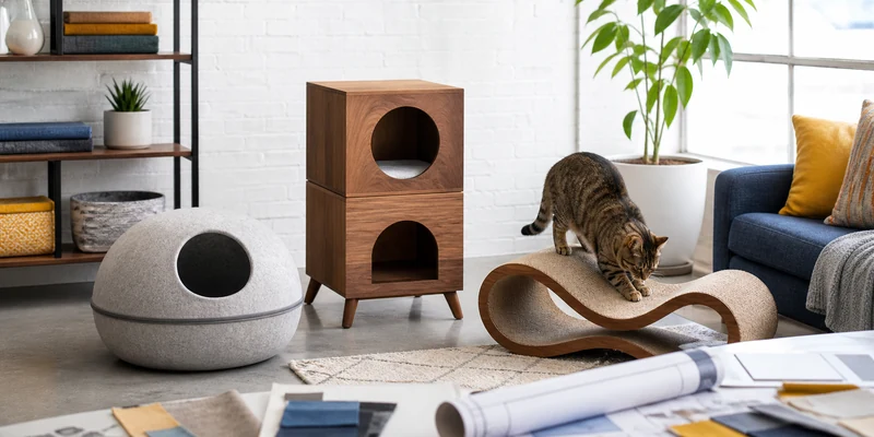 Modern cat furniture alternatives with a cat testing a curved scratcher