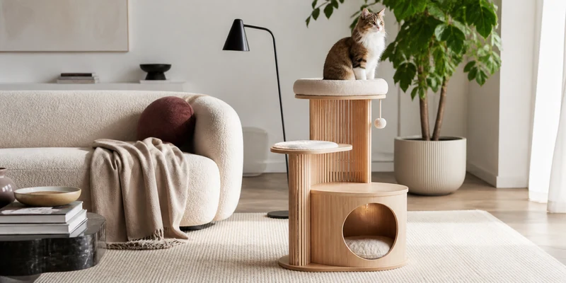Premium minimalist cat furniture with a cat in a refined living room