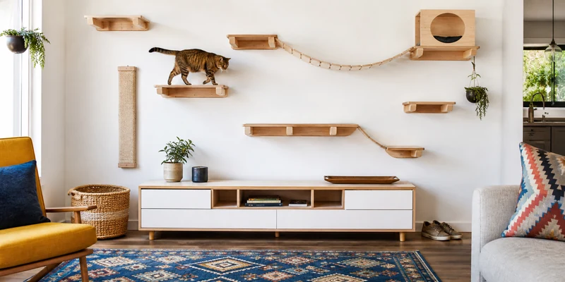 Wall mounted cat tree route with a cat walking on wooden shelves