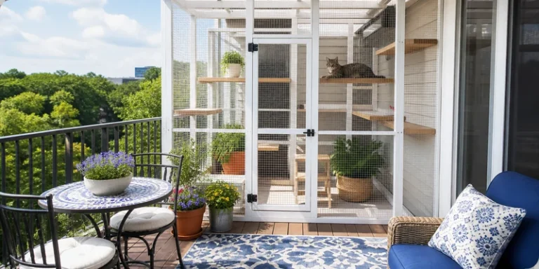 Finished balcony catio with a cat lounging on an interior shelf