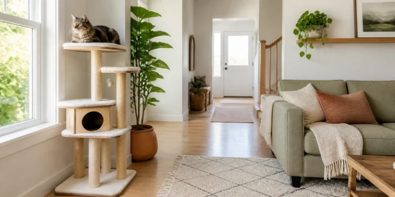 Cat tree placed near a window away from a busy doorway