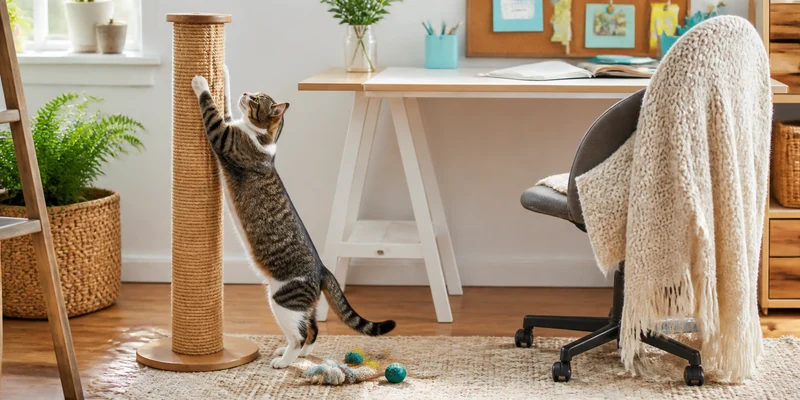 Cat stretching on a sisal scratching post in a bright home office