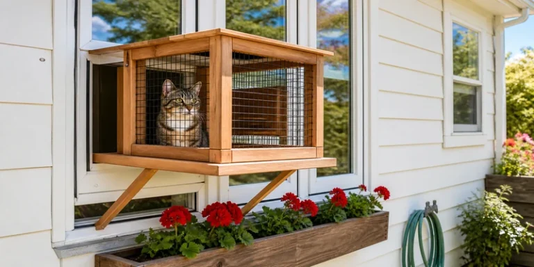 Window mounted catio box with a cat looking out from a garden window