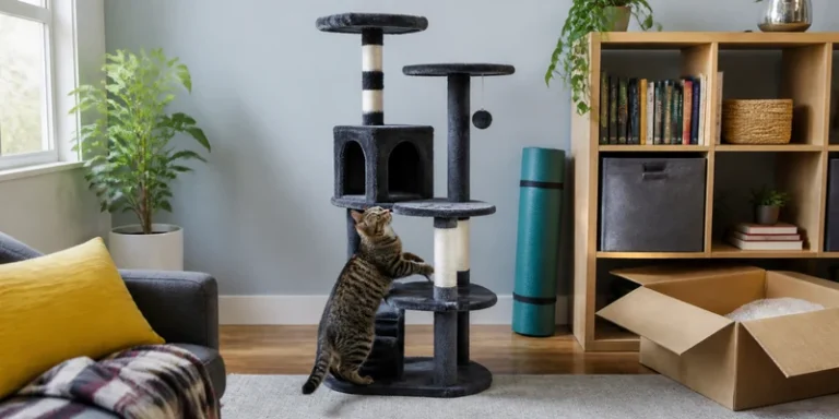 Dark gray budget cat tree in a compact apartment with a cat climbing